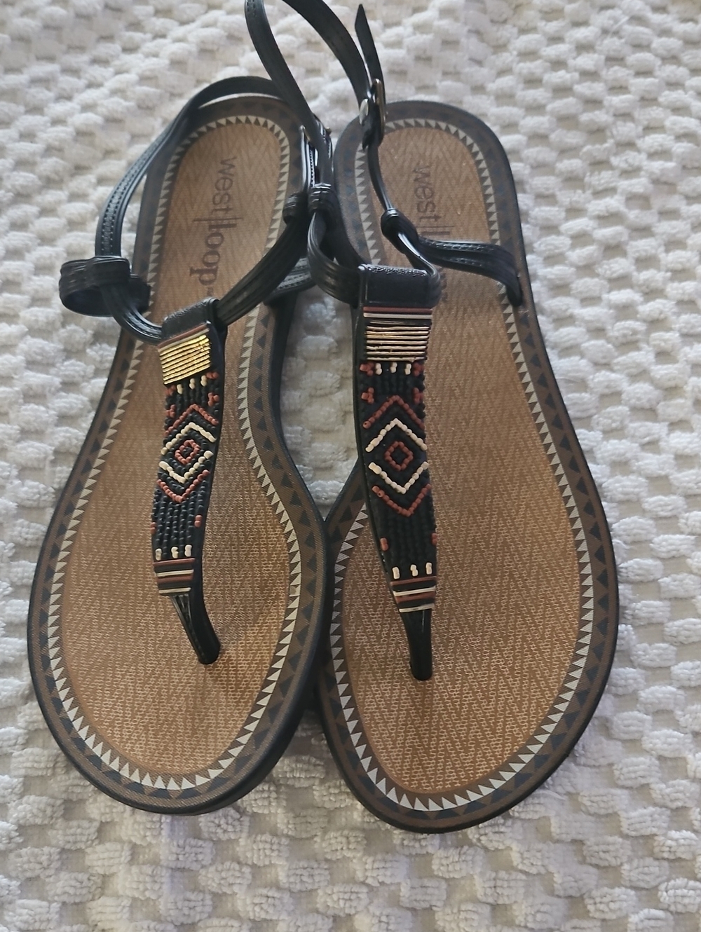 west loop Black Beaded T-Strap Sandals with Brown Footbed Accents